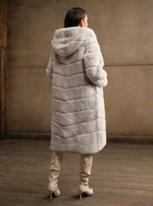 Anewsta 新款秋冬蓬松外套，长款时尚女式仿兔毛夹克 - 杏色 - 查看 2