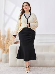 Mulvari Plus Size Casual Colorblock Fringe Trim Open Knit Cardigan, Autumn Winter Fall Cloth For Women - Black and White - View 5
