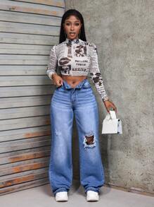 SHEIN Slayr Autumn Casual Distressed High Waist Wide Leg Jeans