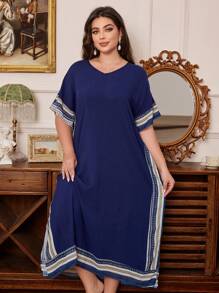 Plus Size Vacation Style Loose V-Neck Geometric Print Chiffon Dress - Navy Blue - View 1