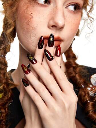 Hippie 10pcs Handmade False Moon Nails With 3pcs Double-Sided Tape, Removable Star And Moon Hand-Painted Nail Stickers, High-Quality Cat Eye Shiny Colored Nail Art, Suitable For Festival Parties, Dancing And Daily Wear