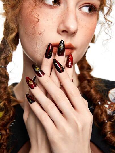 Hippie 10pcs Handmade False Moon Nails With 3pcs Double-Sided Tape, Removable Star And Moon Hand-Painted Nail Stickers, High-Quality Cat Eye Shiny Colored Nail Art, Suitable For Festival Parties, Dancing And Daily Wear