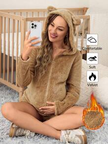 SHEIN Maternity Zip Up 3D Ears Design Hooded Flannel Romper - Khaki - View 1