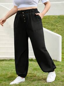 SHEIN Essnce Quần âu bó cạp chun màu mơ cỡ lớn cho nữ có nút trang trí - màu đen - Xem 5