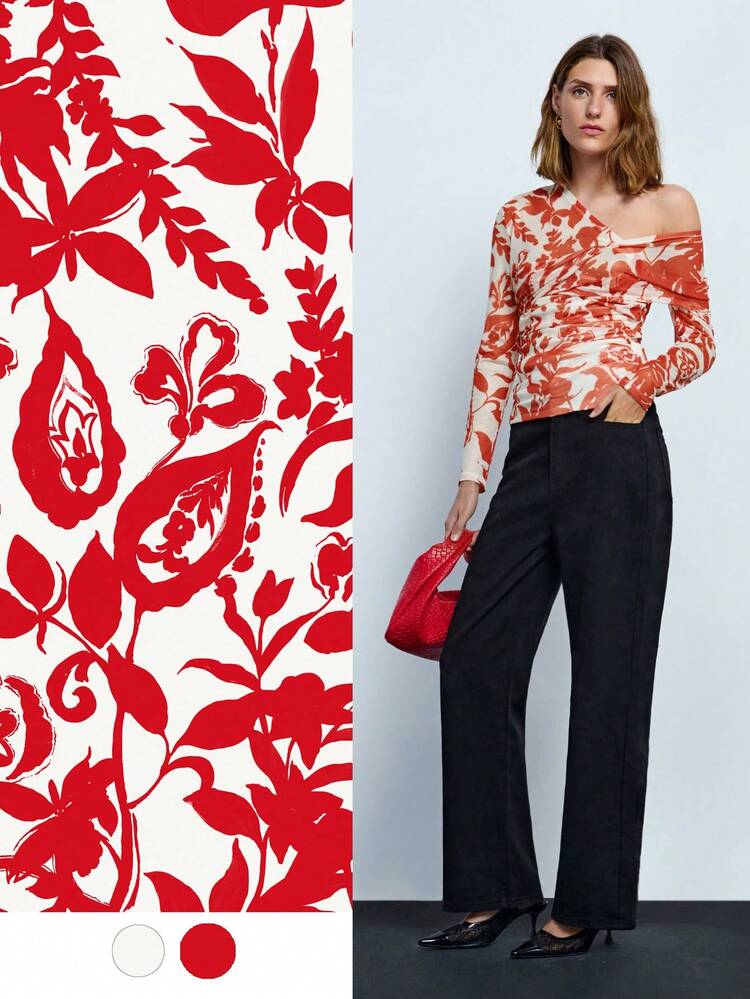 SHEIN Maija Camiseta Elegante de Manga Longa com Ombro Assimétrico e Estampa de Natal Vermelha para Mulheres, Outono
