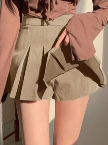 DAZY 女士复古休闲百搭日常学院风A字褶裙秋季半身裙 - 卡其色 - 查看 5