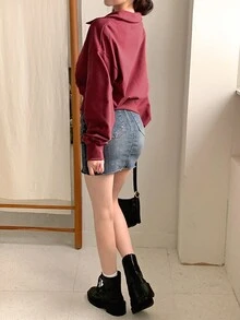 DAZY 女式翻领半拉链短款刺绣字母卫衣，秋装 - 酒紅色 - 查看 5