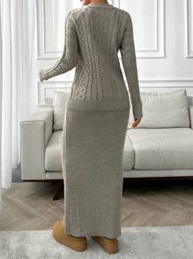 EURMUSE Cable Pattern Sweater And Straight Midi Skirt Set Elegant Simple - Apricot - View 2