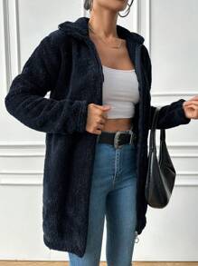 EURMUSE Chaqueta con capucha de manga larga de forro polar de unicolor para mujer, otoño/invierno - Azul Marino - Ver 5
