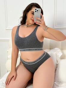 2 件套大码运动休闲吊带背心和平角短裤内衣套装 - 深灰色 - 查看 4