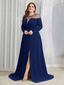 SHEIN Belle Plus Size Rhinestone Mesh Panel High Slit Maxi Evening Dress With Long Train, Elegant Long Sleeve Formal Prom Gown, For Wedding Guest, Graduation, Dinner - Blue - View 7