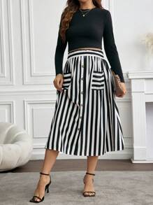 SHEIN 孕妇百搭条纹拼布口袋纽扣装饰 A 字裙 - 黑與白 - 查看 5