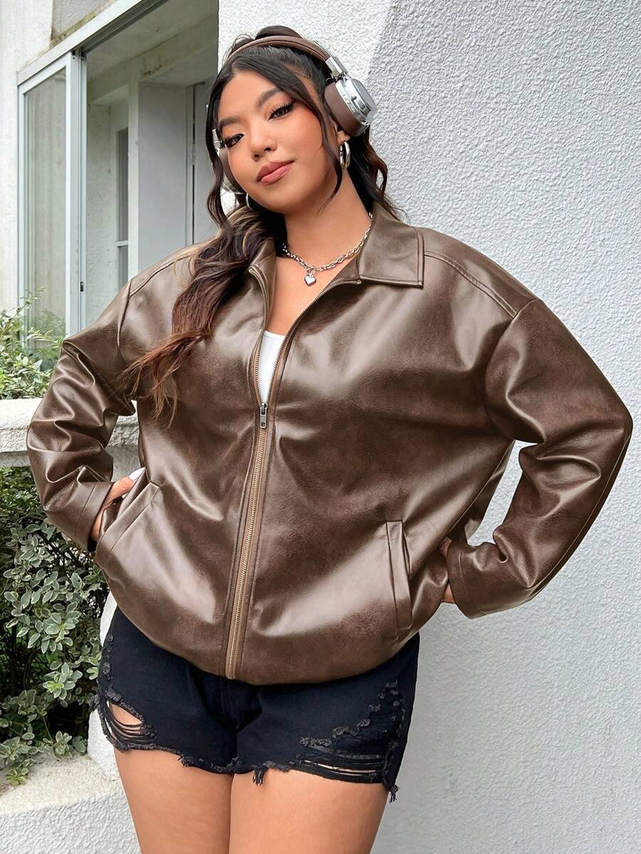 SHEIN EZwear Chaqueta de talla grande de piel de imitación desgarrada y de corte holgado, para invierno - Marrón Mocha - Ver 1