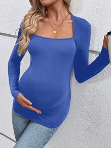 SHEIN Maternity Casual Drapey Collar Long Sleeve Fitted Pregnancy T-Shirt - Royal Blue - View 4