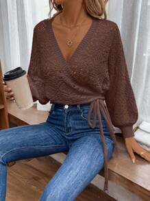 Chiquease 女士镂空扭纹前灯笼袖宽松开衫 - 咖啡棕 - 查看 4