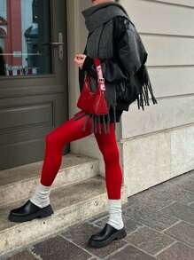 SHEIN Essnce Leggings rojos de otoño e invierno con estilo caliente de moda de mujer 2024, leggings rojos de mujer a juego, artículos a la moda