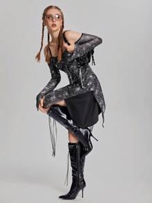 SHEIN 1 pieza Vestido de manga larga ajustado con estampado metálico para niña adolescente, primavera y otoño - Negro - Ver 9