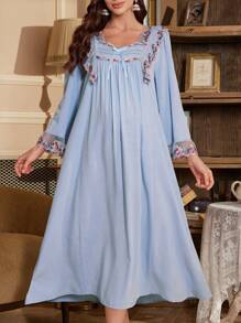Camisón de maternidad oversize con volantes de contraste, plisado acordeón y decoración de lazo, para vacaciones