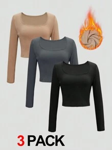 Chiquease Women's Solid Color Crew Neck Long Sleeve Fleece T-Shirt, Autumn/Winter Fall Cloth For Women - Multicolor - View 1