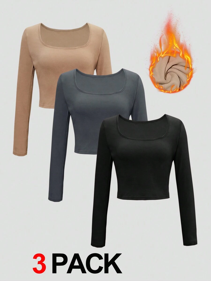 Chiquease Women's Solid Color Crew Neck Long Sleeve Fleece T-Shirt, Autumn/Winter Fall Cloth For Women - Multicolor - View 1