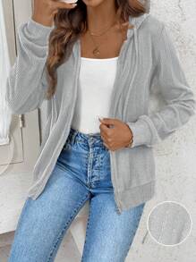 SHEIN LUNE Women Asymmetrical Distressed Ribbed Zip-Up Hooded Sweatshirt, For Spring-Summer-Fall-Winter - Grey - View 1