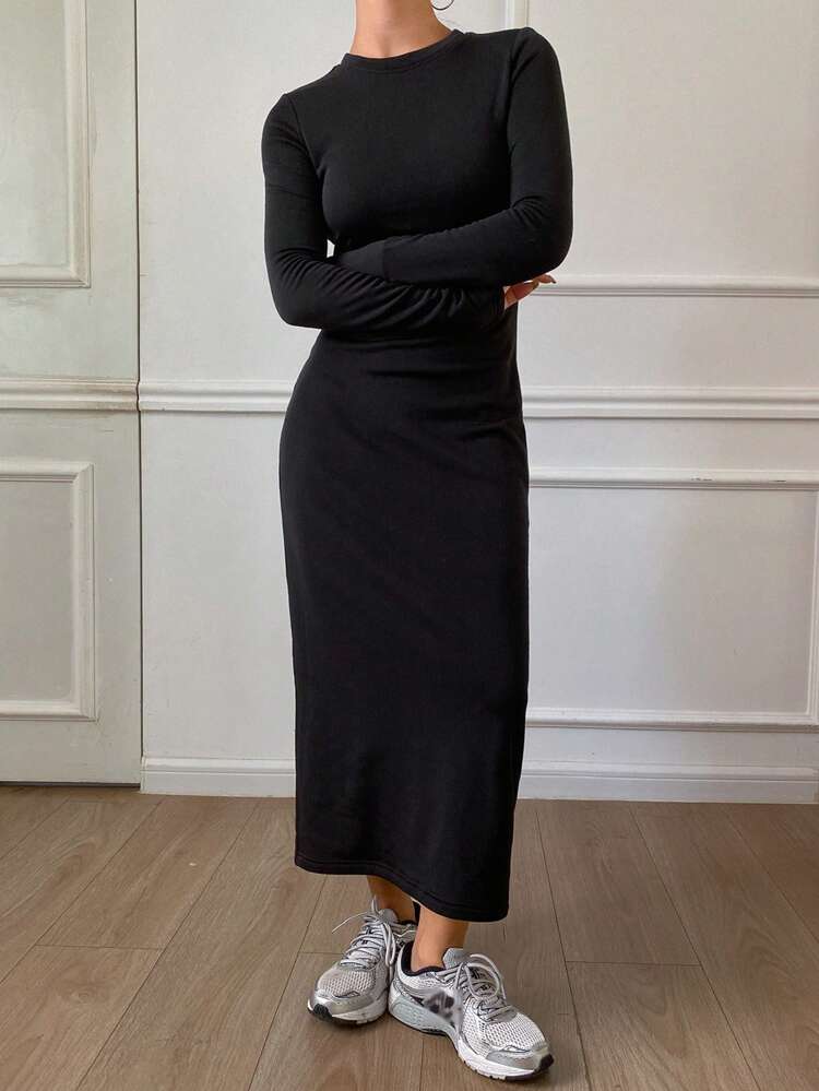 Women's Casual Solid Color Long Dress With Thermal Lined, Autumn/Winter,Fall Women Clothes Long Sleeve Dress