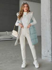 RueChic Women'S Solid Colored Zip Hooded Mid-Length Vest Padded Jacket - Mint Green - View 3