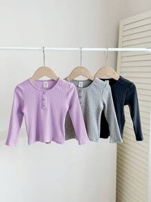 SHEIN 3pcs Baby Girl Casual Cute Versatile Knitted Elastic Solid Color Long Sleeve Tops Set - Multicolor - View 8