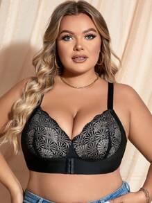 1pc Plus Size Contrast Lace Underwire Bra Lingerie - Black - View 6