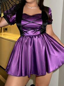 Plus Size Women Color Blocking Tie Up Short Puff Sleeve Sexy Costume