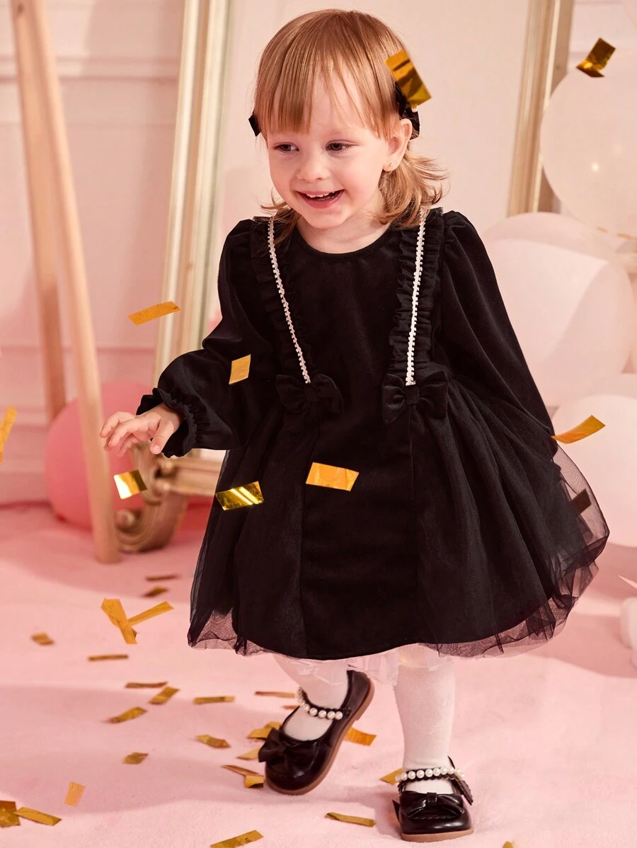 SHEIN 女婴天鹅绒长袖网眼连衣裙，带蝴蝶结，公主风格，秋冬