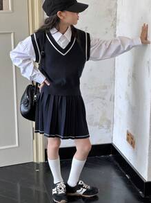 DAZY Tween Girl V-Neck Sweater Set, Fall Outfit,Back To School Clothes - Navy Blue - View 3