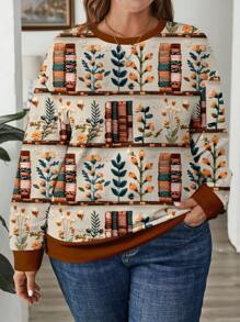 SHEIN LUNE Sudadera holgada con estampado completo sencillo y casual para mujer de talla grande, otoño e invierno