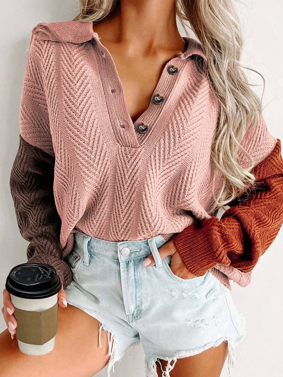 SHEIN LUNE Partial Buttoned Contrast Collar Color-Block Knit Texture Sweater, Fall Clothes Knit Pullover Fall Winter Outfit