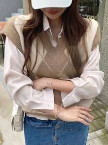 DAZY Women's Round Neck Diamond Pattern Sleeveless Knitted Vest,Fall Clothes - Khaki - View 1