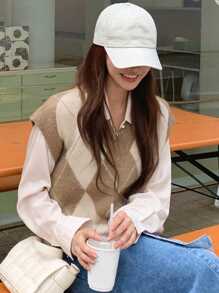 DAZY Women's Round Neck Diamond Pattern Sleeveless Knitted Vest,Fall Clothes - Khaki - View 4