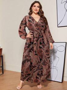 SHEIN Clasi Plus Size Retro Paisley Floral Print Waist Tie Dress,Beach Dress Sundress,Holiday Outfits Boho
