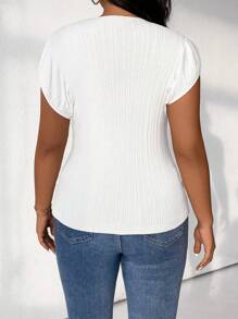 SHEIN LUNE Plus Size Summer Casual Solid Color Short Sleeve Knitted Top - White - View 2