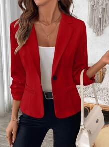 SHEIN LUNE Solid Color Pocketed Single-Button Cuff Hem Pleated Women Blazer For New Year Clothes - Red - View 4