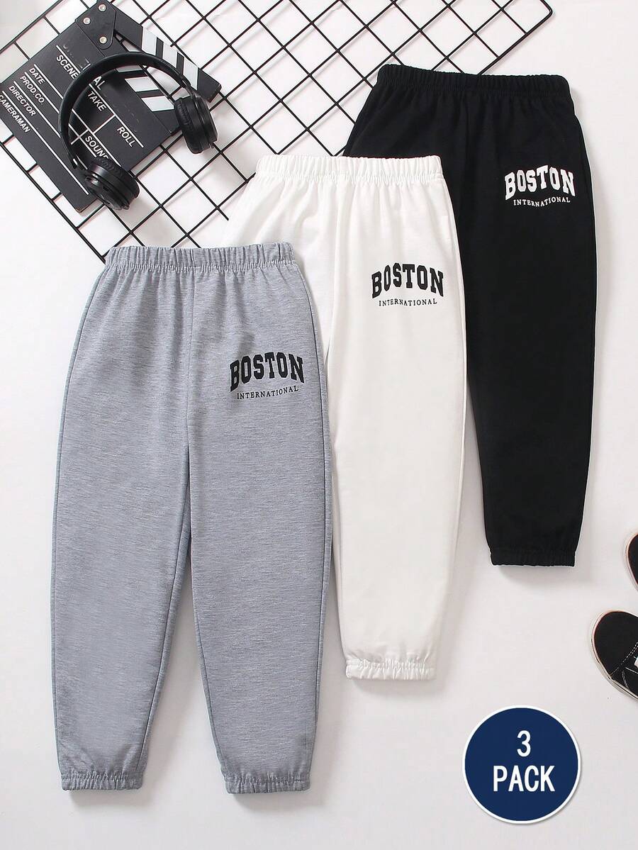 SHEIN 3 cái/bộ Quần thể thao thời trang bé trai, xám + đen + trắng, làm bằng vải dệt kim có in chữ tiếng Anh, thiết kế vừa vặn thoải mái để dễ dàng di chuyển, thích hợp cho áo phông, áo khoác, trang phục hàng ngày, đồ thể thao, đi học, du lịch vào mùa thu đông - Nhiều màu - Xem 1