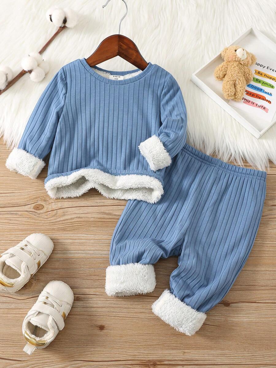 SHEIN 2件套男婴贴身纯色圆领长袖针织保暖睡衣套装，秋冬季 - 淺藍色 - 查看 1