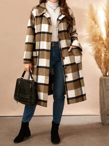 Plus Size Women's Long Sleeve Single-Breasted Long Casual Plaid Overcoat, Spring Autumn Fall Cloth For Women - Khaki - View 6