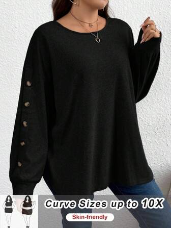 SHEIN CURVE+ 大码纽扣装饰宽松黑色长袖 T 恤