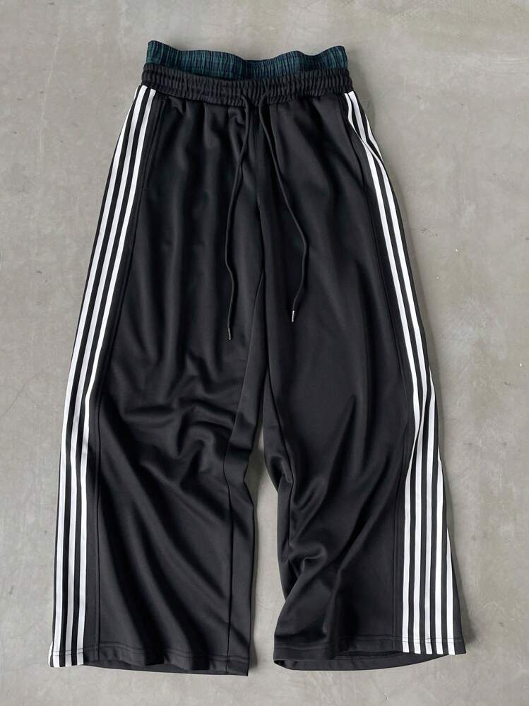 STYNVO Men's Black And White Striped Autumn Streetwear Workout Sweatpants,Casual Sports Double Layer Elastic Waist Wide Leg Drawstring Color Block Trousers - Black - View 3