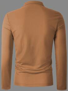 Manfinity Homme 男式纯色拼布前拉链口袋休闲 Polo 衫 - 棕色 - 查看 2