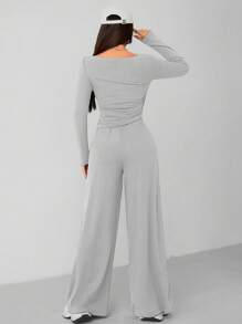 SHEIN PETITE 秋冬女针织修身上衣+阔腿裤休闲舒适家居深灰色两件套 - 淺灰色 - 查看 2