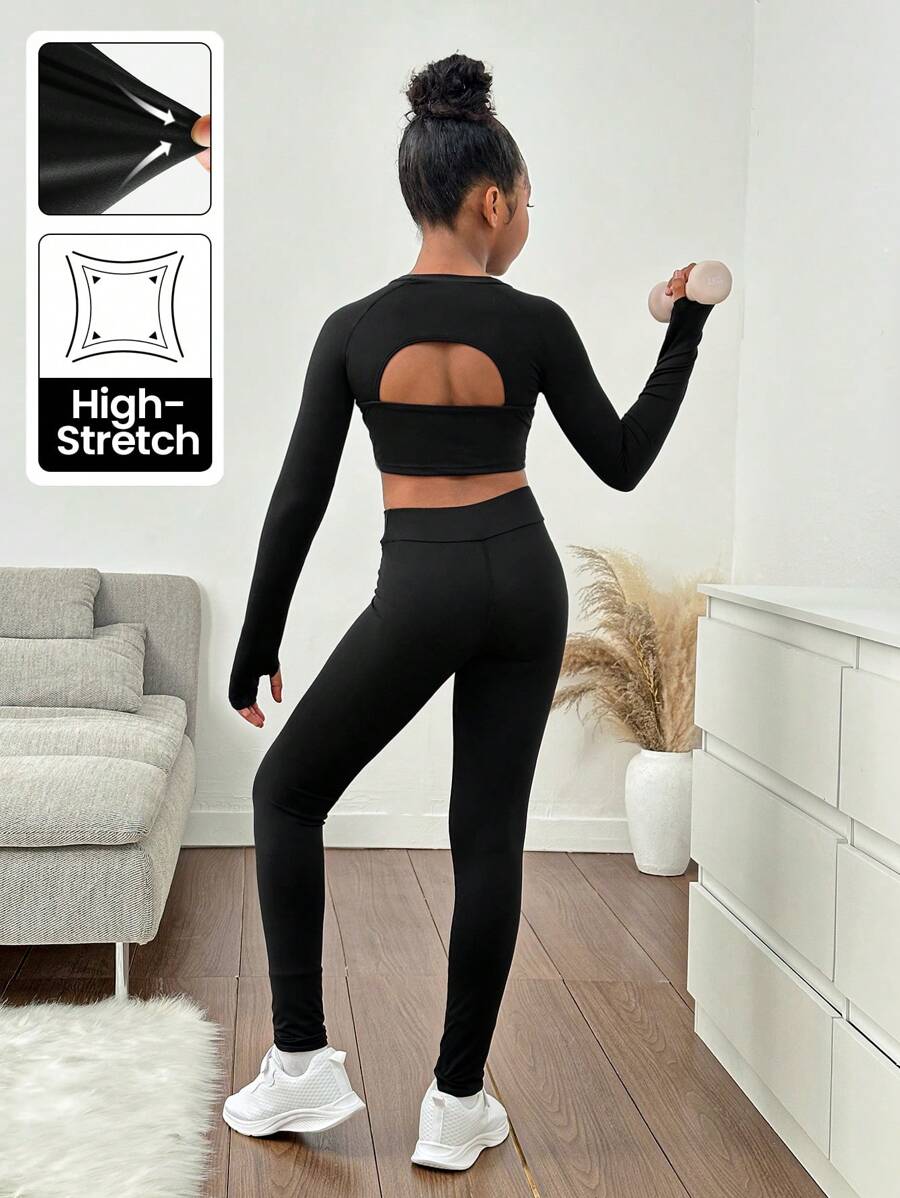 SHEIN 2 piezas/Conjunto Parte superior de manga larga con abertura en la espalda y leggings Conjunto de ropa deportiva para niñas preadolescentes