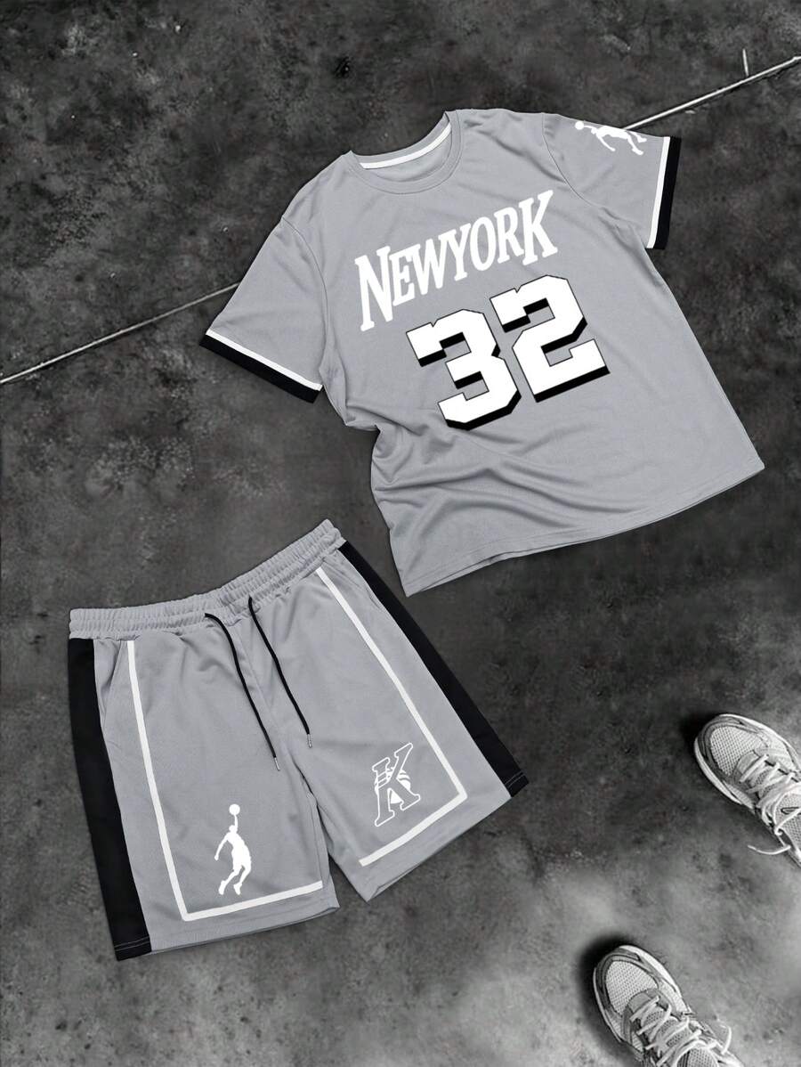 Aesthetic Post--Plus Size Men's Letter & Numeric Print Crew Neck T-Shirt & Drawstring Color Blocking Shorts Casual 2pcs Set - Light Grey - View 1
