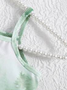 SHEIN 2 件装少女可爱公主印花吊带背心和蝴蝶结半身裙套装，春夏 - 薄荷綠 - 查看 5