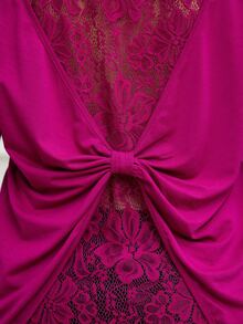 SHEIN Clasi 大码优雅紫色和红色对比蕾丝圆领/露肩宽松 T 恤 - 中紫紅色 - 查看 5